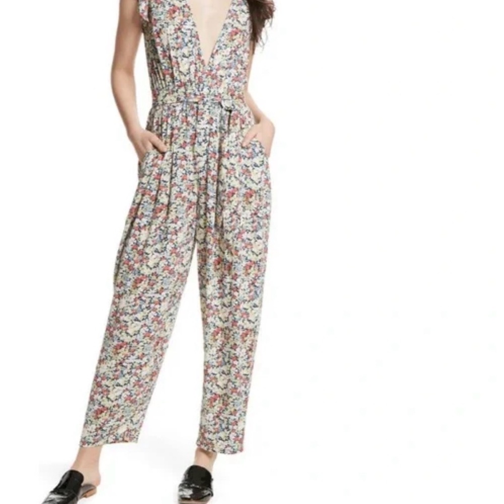 Free People Ruffle Your Feathers Jumpsuit Navy Floral Size XSmall
